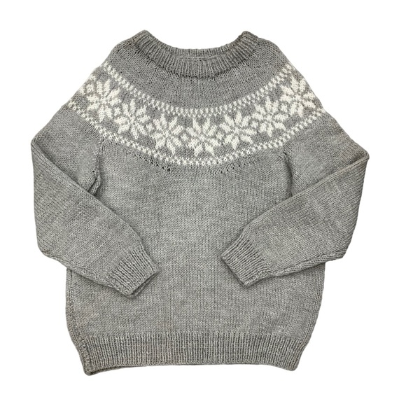 Unbranded Sweaters - Handmade Knit Pullover Sweater Round Neck Grey White Snowflake Fair Isle